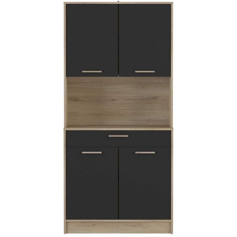 CALICOSY - Buffet Haut 4 Portes 1 Tiroir, Décor Chêne et Noir - L83 x H176 cm - Dolce