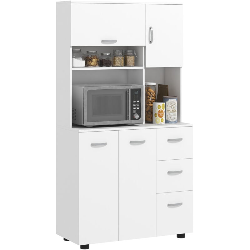 Homcom - Armoire de Cuisine Buffet Multi-rangements 4 Portes 3 tiroirs étagère + Grand Plateau 89L x 39,5l x 168H cm Blanc