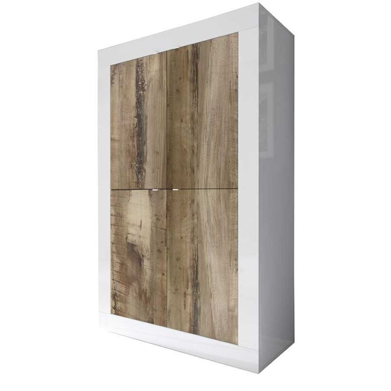 Buffet haut 4 portes, collection CISA, coloris blanc laqué brillant et chêne clair