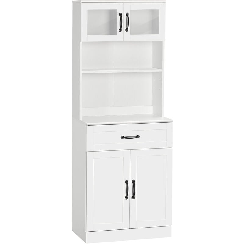 Homcom - Buffet haut 4 portes étagère niche tiroir coulissant plan de travail poignées métal noir verre trempé mdf blanc