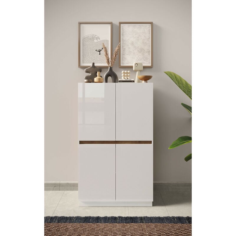 Calicosy - Buffet haut 4 portes fantasy Blanc laqué/chêne Mercure 105 x 170cm