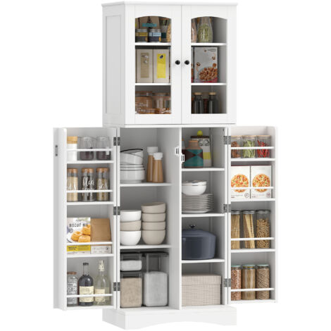 Buffet haut acrylique blanc, vaisselier vitrine 4 portes, 10 casiers, 8 porte-bouteilles, 60x40x162 cm