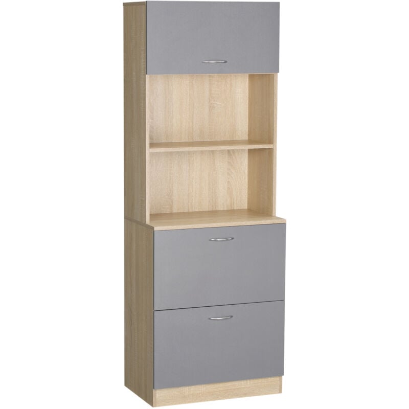 Homcom - Buffet haut - armoire de cuisine - 2 tiroirs coulissants, placard haut porte relevable, niche, plateau - aspect bois clair gris
