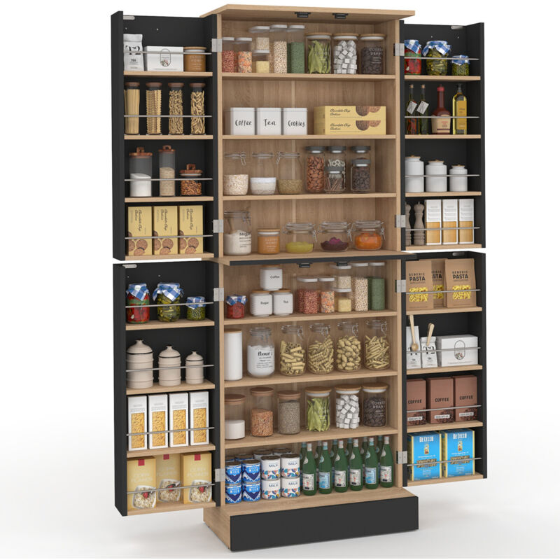 Buffet haut armoire de cuisine H.160 cm ALTO 4 portes avec rangements façon hêtre et noir Buffet haut armoire de cuisine H.160 cm ALTO 4 portes avec rangements façon hêtre et noir