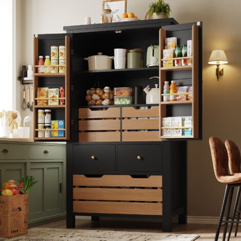 HAUSS SPOLE Buffet haut avec 2 portes et 5 tiroirs, meuble de rangement cuisine/salon, anti-basculement, 80×40×140 cm, MDF, noir