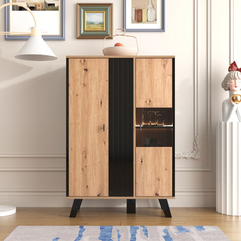 Buffet haut avec éclairage LED interne - 2 portes 8 compartiments - Naturel & Noir