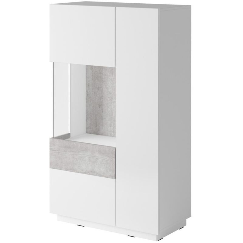 Meublorama - Buffet haut avec led collection kiles deux portes. Coloris blanc et gris béton. Porte vitrée à gauche