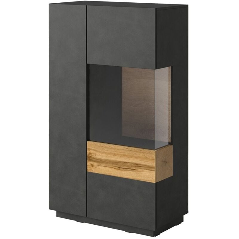 Meublorama - Buffet haut avec led collection kiles deux portes. Coloris gris anthracite et chêne. Porte vitrée à droite