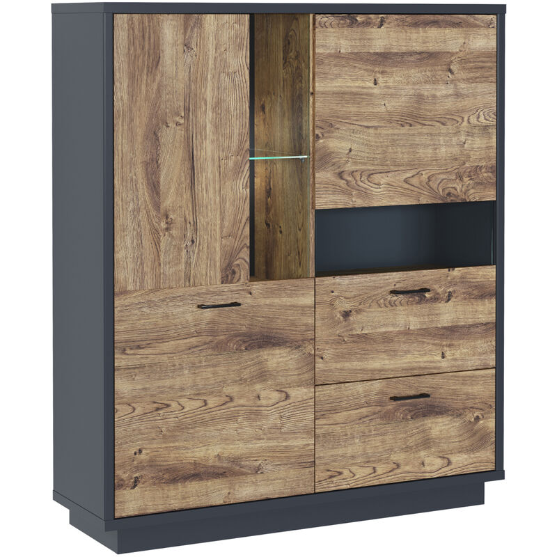 Buffet haut avec led, meuble de rangement coloris Chêne, graphite - Longueur 125 x Profondeur 38 x Hauteur 147 cm Pegane