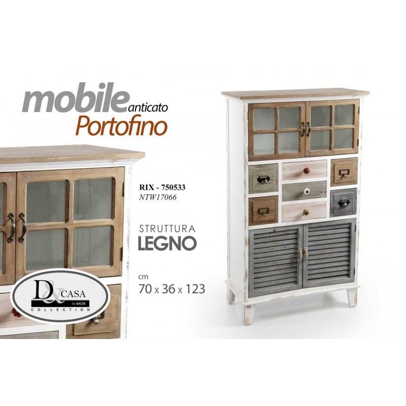 Webmarketpoint - Buffet haut avec tiroirs, compartiment et vitrine cm 70 x 36x 123 h