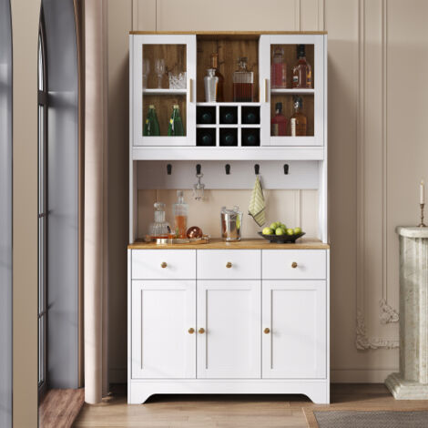 Buffet haut blanc, buffet de cuisine avevc veinure de bois, 94,5x30x175,5 cm