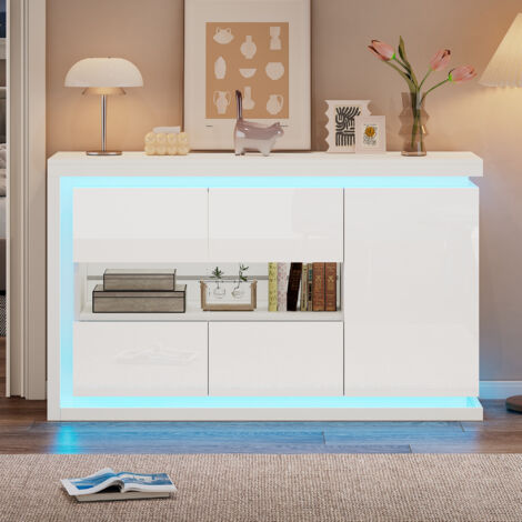 Buffet haut brillant 140×40×84 cm - 3 portes - avec éclairage LED - avec verre trempé - panneau de particules - blanc