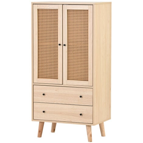 WISHDOR Buffet haut, buffet salon avec 2 portes en rotin et 2 tiroirs, chêne
