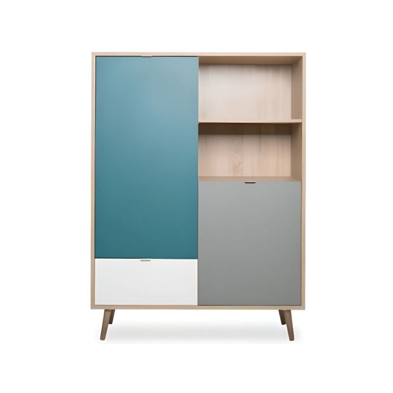 Buffet haut - Chene Sonoma, blanc, gris et bleu - Style scandinave - cuba - l 103 x p 40 x h 139 cm