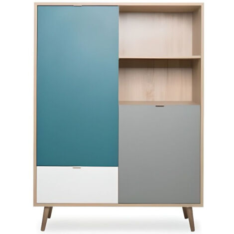 Buffet haut - Chene Sonoma, blanc, gris et bleu - Style scandinave - CUBA - L 103 x P 40 x H 139 cm