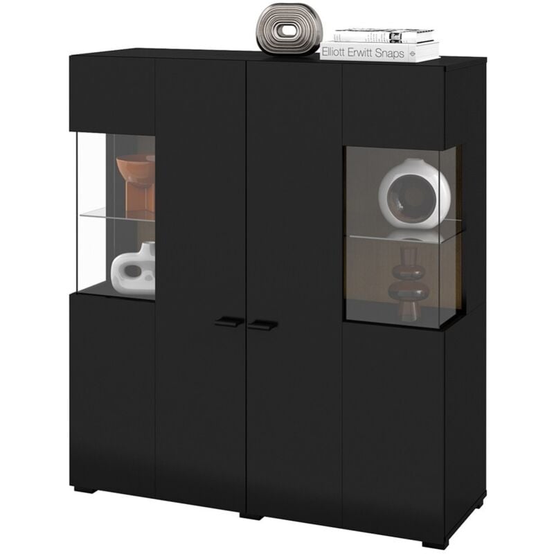 Meublorama - Buffet haut collection kobee 2 portes vitrées avec led intégrée. Couleur noir et chêne.