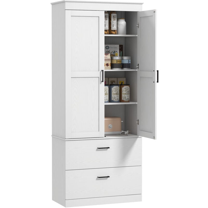 Buffet haut cuisine - 2 portes, 3 étagères, 2 tiroirs - poignées métal noir aspect bois blanc cassé