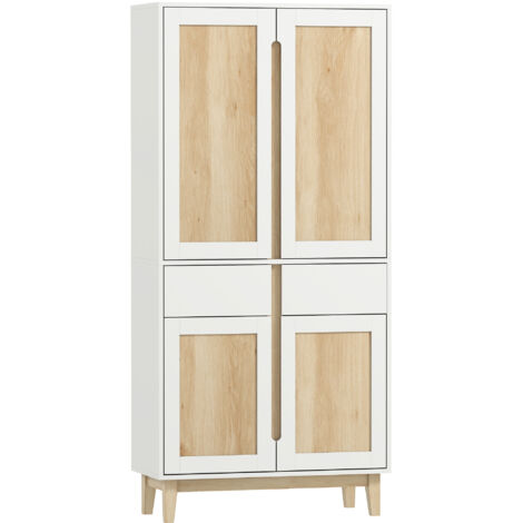 Buffet haut cuisine 4 portes 2 tiroirs étagères ajustables 80x35x170cm blanc chêne