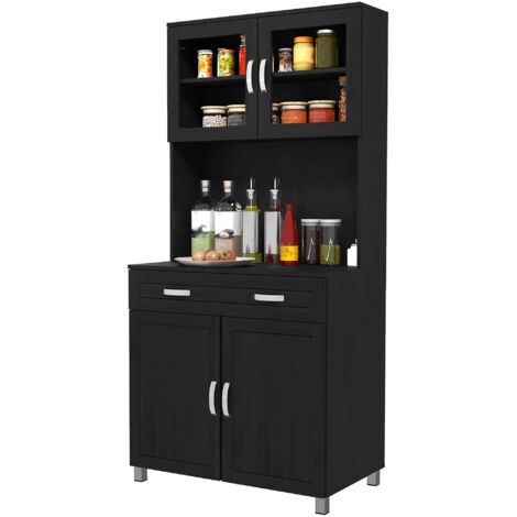 Buffet haut cuisine 4 portes tiroir plan travail étagères réglables 80x48x170cm noir