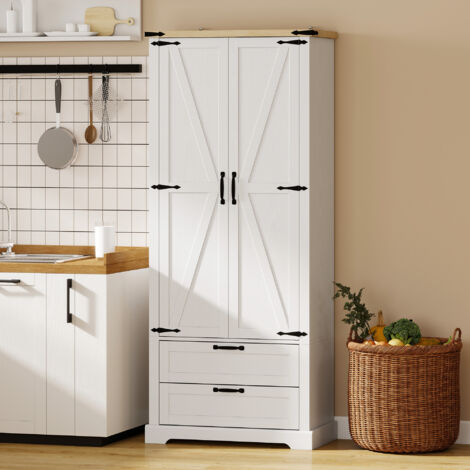 Buffet haut cuisine, armoire de cuisine avec 2 portes, 2 tiroirs, étagères réglables, style rustique, 76x40x180cm, blanc