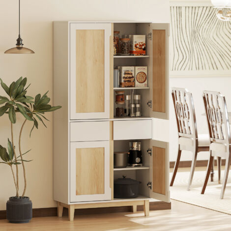 Buffet haut cuisine. armoire de cuisine avec 4 portes. 2 tiroirs et étagères réglables. 80x35x170cm. blanc et chêne