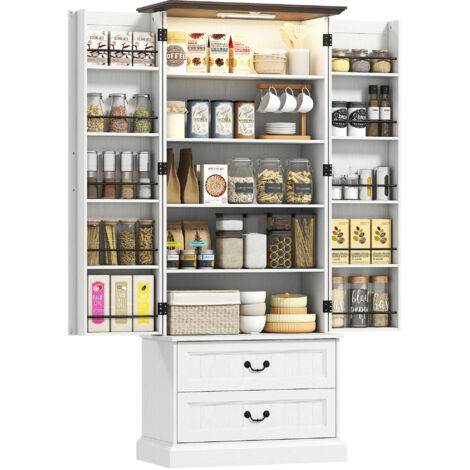 Buffet haut cuisine, LED capteur, 2 portes, tiroirs, étagères, 76x39,5x183 cm, blanc