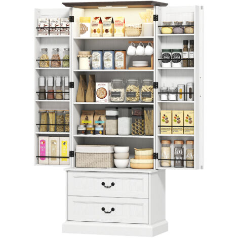 Buffet haut cuisine LED capteur 2 portes tiroirs étagères réglables 76x39,5x183cm blanc
