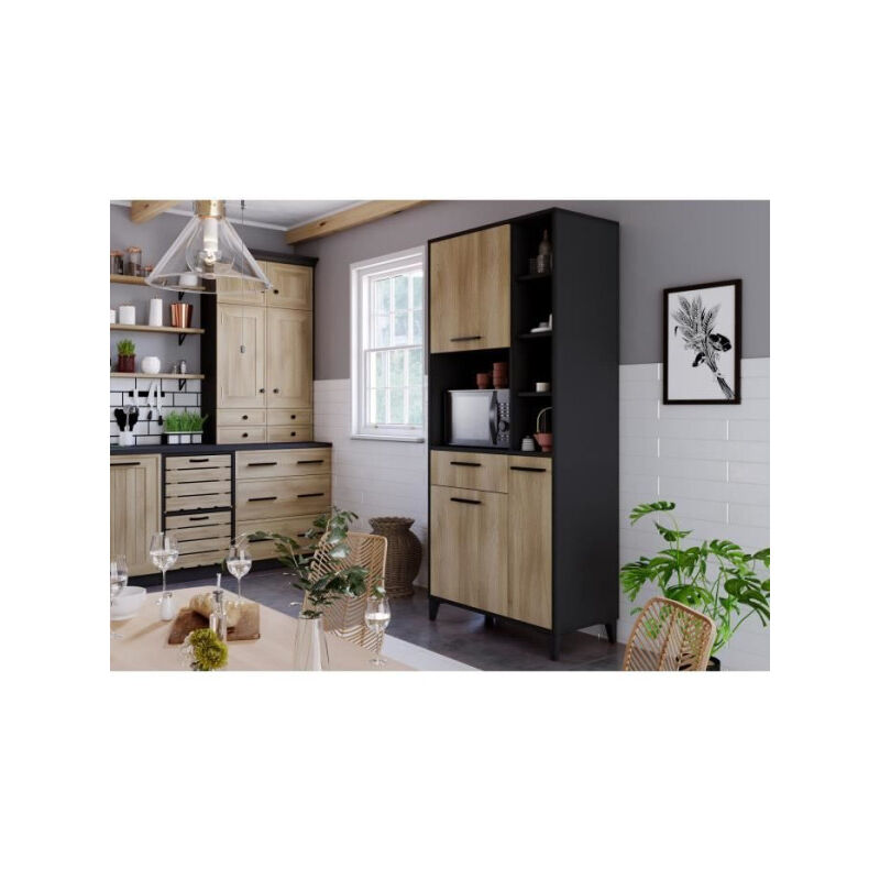 Buffet haut de cuisine eco - 3 portes et 1 tiroir - Mélamine chene et noir - l 80 x p 40 x h 178 cm