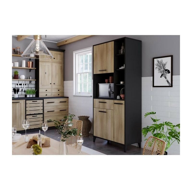 Buffet haut de cuisine ECO - 3 portes et 1 tiroir - Mélamine chene et noir - L 80 x P 40 x H 178 cm