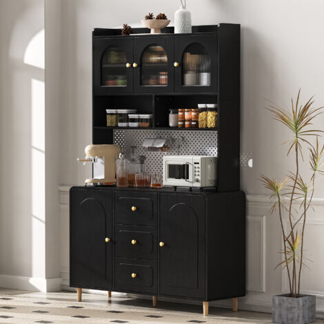 Buffet haut de cuisine en MDF noir 120 x 40 x 190 cm, verre strié, 3 tiroirs, étagères réglables et panneau perforé