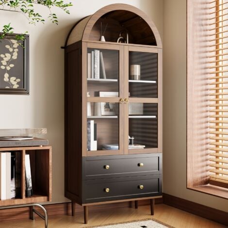 HAUSS SPOLE Buffet haut de cuisine, meuble de rangement 2 portes 2 tiroirs, étagères réglables, MDF et verre, 70x38x165cm, cmfinition noyer