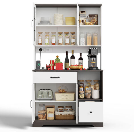 Buffet Haut De Cuisine - Vaisselier Style Grange - Meuble De Rangement Cuisine - Avec LED Et Prises - 105x40x185 cm
