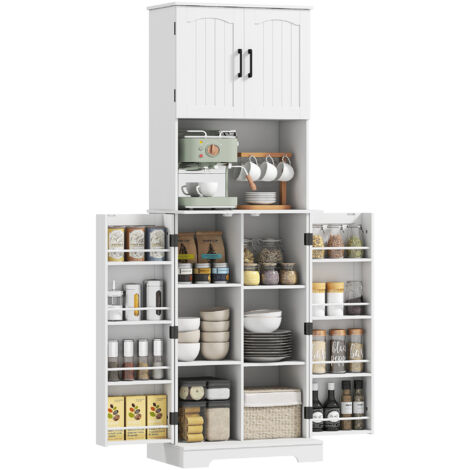Buffet haut de gamme, meuble de cuisine, 4 portes, plan de travail, 8 étagères à épices réglables, 60 x 40 x 181,5 cm, blanc