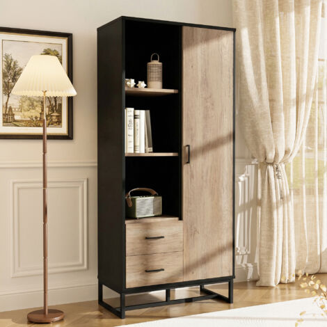 Buffet haut de rangement aspect bois 80x40x180cm, 1 porte + 2 tiroirs + vitrine naturelle avec 3 compartiments ouverts