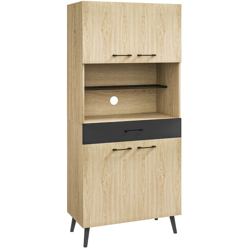 Buffet haut design industriel - 4 portes, 3 étagères, tiroir, niche - métal panneaux noir chêne clair