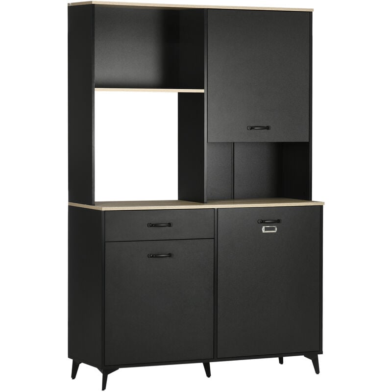 Buffet haut design industriel multi-rangement - 3 portes avec étagère, tiroir, niche, grand plateau - piètement métal noir aspect chêne clair
