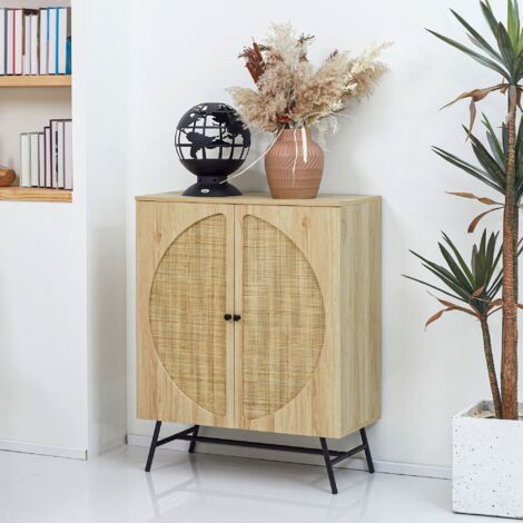 Buffet haut design naturel 80x39x101,8 cm, 2 portes, aspect bois et cannage