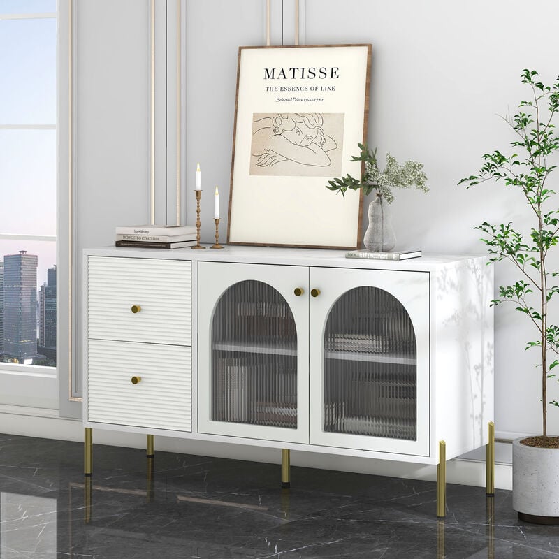 aiducho - buffet blanc et doré de 120 cm de long avec étagères réglables et plateau en marbre, meuble avec 2 portes et 2 tiroirs, meuble avec portes
