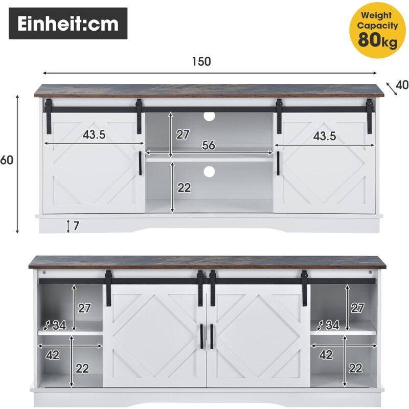 Buffet De Cuisine - Design Industriel 150 x 40 x 60 Cm - Meuble De Rangement Avec 2 Portes Coulissantes Et Étagère Réglable - Style Maison De