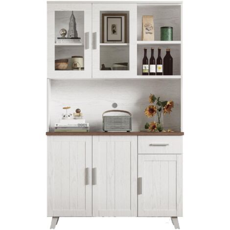 Buffet haut en bois blanc veiné, 114 x 40 x 190 cm, idéal pour le salon et la salle à manger.