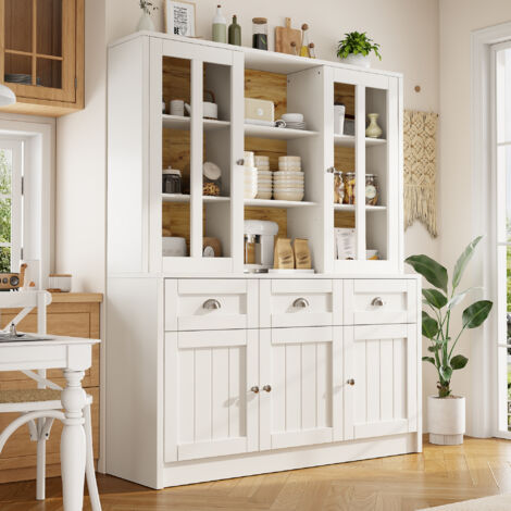 Buffet haut en MDF et acrylique blanc 140x38,5x175 cm, grand rangement avec étagères réglables et dispositif anti-basculement