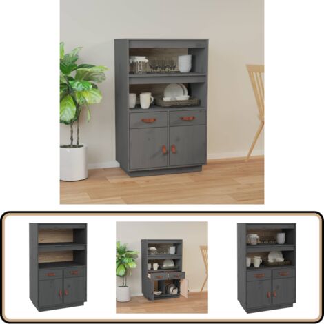 Buffet haut Gris 67x40x108,5 cm Bois massif de pin - Buffet - Meuble De Rangement - Armoire - Commode - Bois Massif