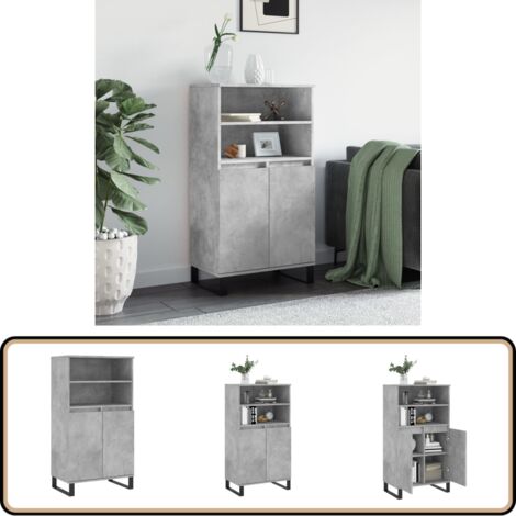 Buffet haut Gris béton 60x36x110 cm Bois d'ingénierie - Buffet Design Industriel - Meuble Rangement Gris - Armoire Ouverte - Commode Moderne - Étagère Murale