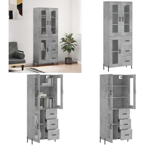 Buffet haut Gris béton 69,5x34x180 cm Bois d'ingénierie - Buffet Design Moderne - Meuble Rangement Gris - Armoire Cuisine - Buffet Bas - Commode - Home & Living