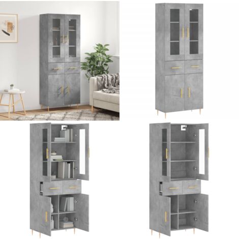 Buffet haut Gris béton 69,5x34x180 cm Bois d'ingénierie - Buffet Design Moderne - Meuble Rangement Gris - Armoire Cuisine - Buffet Haute Capacité - Buffet Salon - Home & Living