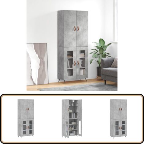 Buffet haut Gris béton 69,5x34x180 cm Bois d'ingénierie - Buffet Design Moderne - Meuble Rangement Gris - Armoire Cuisine - Buffet Haute Capacité - Mobilier Salon