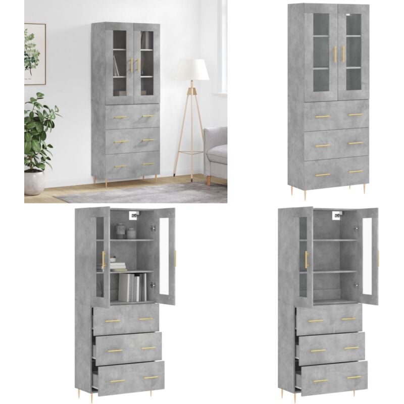 Buffet haut Gris béton 69,5x34x180 cm Bois d'ingénierie - Buffet Design Moderne - Meuble Rangement Gris - Armoire Haute - Buffet Cuisine - Buffet