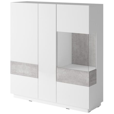 Buffet haut KILES trois portes avec LED. Coloris blanc et gris. Style design - Blanc