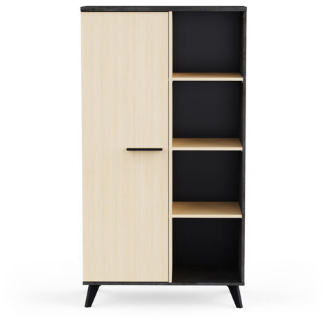 Buffet haut meuble de rangement 1 porte 4 niches couleur chêne / anthracite - Largeur 83 x Profondeur 39,2 x Hauteur 153,9 cm