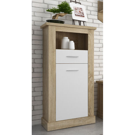 Buffet haut, meuble de rangement coloris Chêne cambrian, blanc - Longueur 66 x Profondeur 36,60 x Hauteur 135 cm -PEGANE-